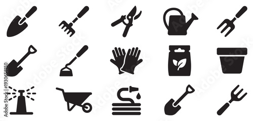 Gardening tools and equipment icons set in a comprehensive collection of essential items for planting, cultivating, and maintaining a beautiful garden.
