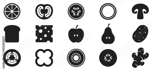 Food item icons representing various fruits and vegetables along with bread and cheese, presented as a collection of simple black silhouettes.