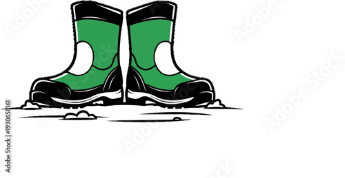 A pair of tall, rugged green and black boots stand on a snowy ground