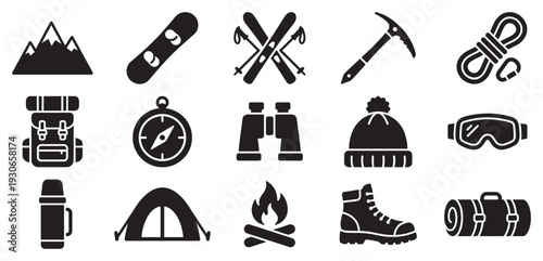 Diverse collection of outdoor adventure and camping equipment icons, including winter sports gear and hiking essentials for design.