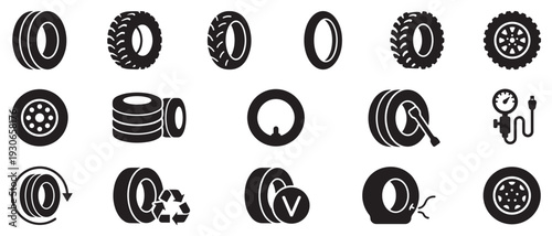 Tire and wheel service vector icons collection illustrating various automotive maintenance, repair, and safety concepts for vehicles.