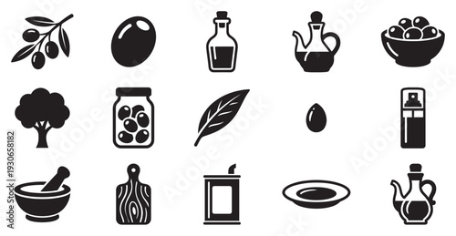 Olive and olive oil product icons collection featuring various elements like branches, bottles, and jars, representing healthy Mediterranean cuisine.