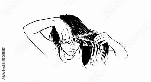 A person cuts their own hair with scissors, focusing on the strands