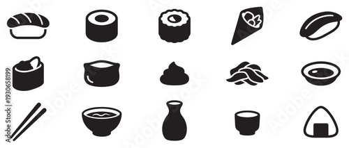 Sushi and Japanese food icons collection featuring various dishes, condiments, and utensils for a complete culinary experience.