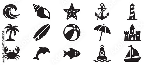 Beach and sea icons collection representing summer vacation elements and nautical symbols for travel and leisure activities.