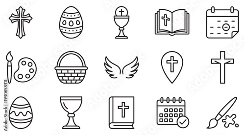 Easter Christian religious holiday celebration icons set featuring various traditional symbols for springtime festivities and spiritual observances.