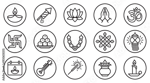 Diwali festival icons and symbols representing traditional Indian celebrations, spiritual rituals, and cultural elements in a clean line art style.