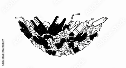 A pile of plastic waste including bottles, bags, and straws, artistically depicted