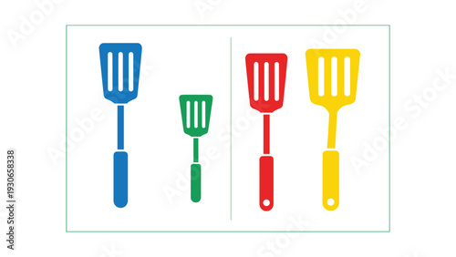 Colorful set of four plastic kitchen utensils displayed in a row