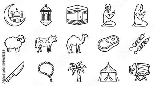 Islamic Eid al-Adha celebration symbols collection line art vector illustration set for religious traditions and events.