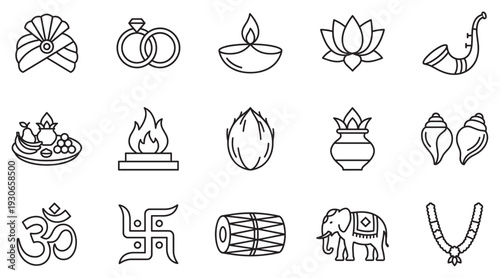 Indian cultural and wedding icons outline collection features traditional symbols for ceremonies, festivals, and celebrations in a minimalist vector style.