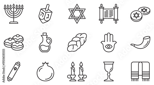 Jewish symbols and icons representing religious traditions and culture are featured in this comprehensive outline illustration set.