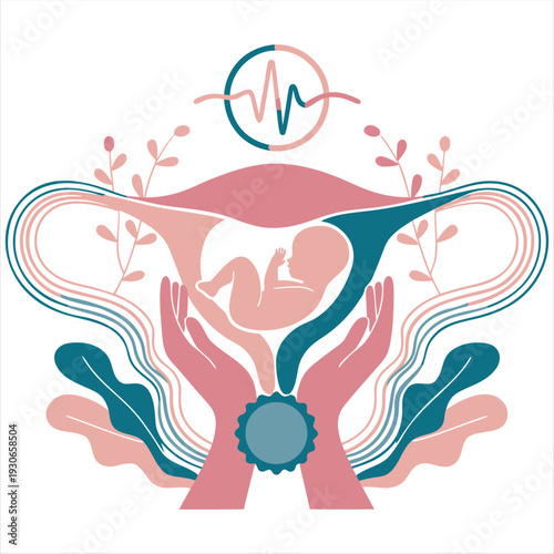 Modern flat vector illustration of a baby in the womb within a uterus, cradled by hands, representing maternal care and reproductive health.