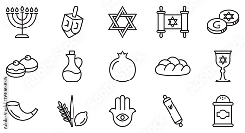 Jewish symbols and traditions icons representing various religious holidays and cultural elements in a clean, minimalist line art style.
