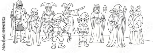 A group of fantastical characters, including a knight, wizards, elves, a jester, and a fox-like creature, stand together
