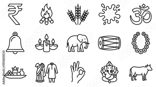 Indian cultural and religious icons set includes various traditional symbols representing festivals, spirituality, and daily life in India.