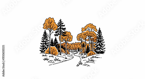 Stylized autumn forest scene with a winding path and trees in warm orange hues