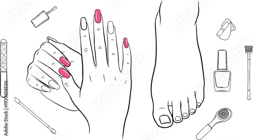 A hand and foot with nail care tools, including polish bottles