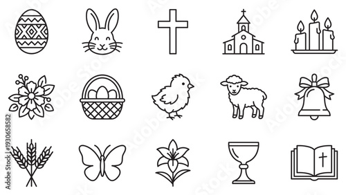 Easter Christian religious celebration symbols line art collection featuring various traditional elements for holiday design.