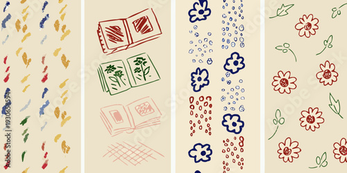 Sketchy floral and book pattern on a light beige background