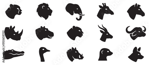 African safari animal head silhouettes collection featuring a diverse range of wild mammals and reptiles in a minimalist graphic style.