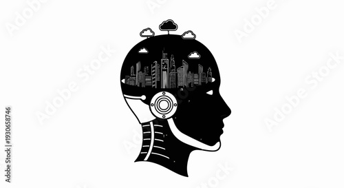 Cybernetic head profile contains a detailed cityscape with clouds
