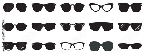 Diverse collection of sunglasses and eyeglasses silhouettes featuring various modern and classic styles suitable for different preferences.