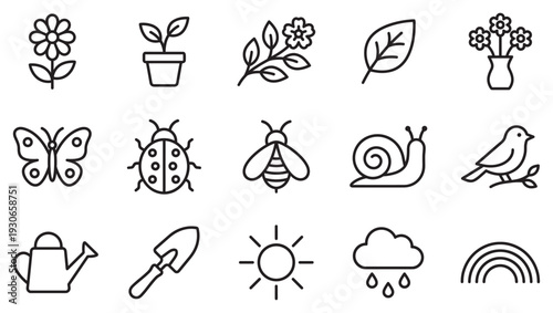 Collection of nature, gardening, and weather icons representing spring season elements and outdoor activities.