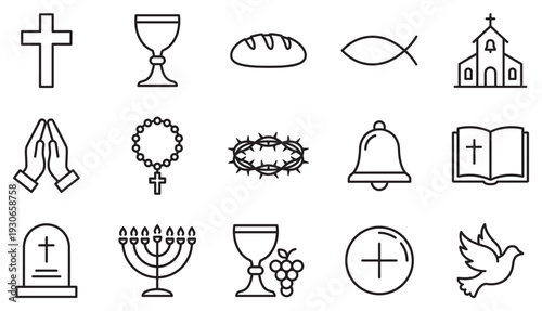 Religious symbols icon set featuring various elements of faith and spirituality, including crosses, chalices, and doves.