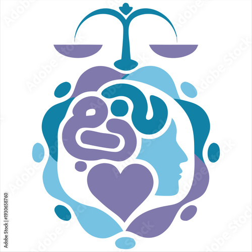 Modern flat vector illustration symbolizing balance between mind, heart, and justice.