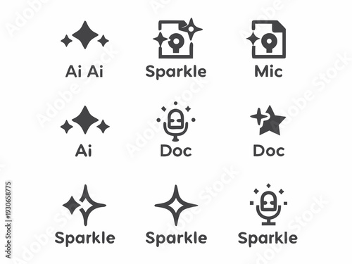 Collection of gray icons representing ai documents microphones and sparkles