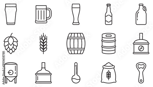 Beer brewing process ingredients equipment and accessories collection presented as a comprehensive set of outline icons for craft beverage production.