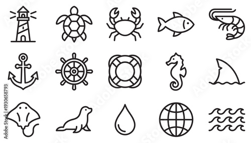 Marine icons collection featuring various sea creatures and nautical elements like a lighthouse, anchor, and ship's wheel in a simple line art style.