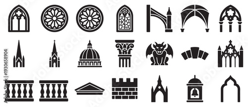 Gothic architectural elements and classical building icons collection featuring various historical and decorative design components in a silhouette style.
