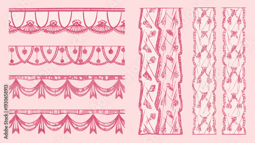 Pink sketches of ornate lace borders and decorative repeating patterns