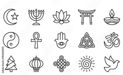 World religious and spiritual symbols representing diverse faiths and cultural beliefs in a clear line art style.