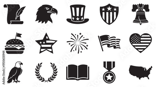 American patriotic symbols icons collection featuring various national elements representing freedom, independence, and the spirit of the United States.