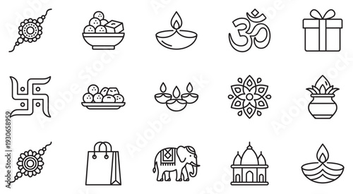 Hindu festival celebration icons set including traditional elements like diyas, sweets, and religious symbols.