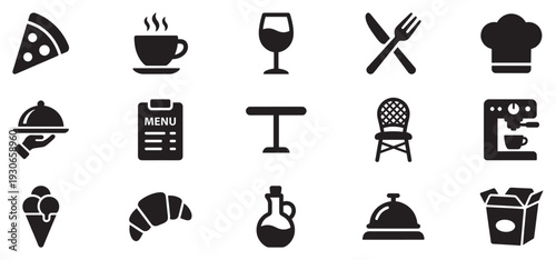 Restaurant and food icons collection representing various dining elements and culinary services for menus and hospitality businesses.