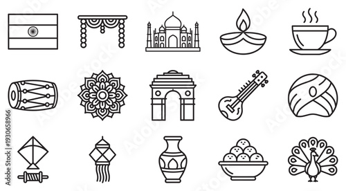 Indian cultural symbols and traditional elements presented as a comprehensive collection of outline icons for festivals and national identity.