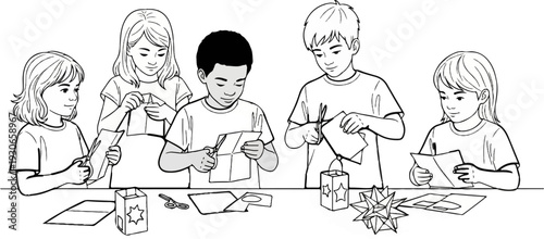 Children engaged in a craft activity, cutting and folding paper to create decorations