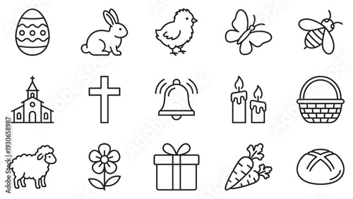 Easter and spring line art icons collection features various symbols of holiday celebration and new beginnings.