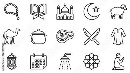 Islamic culture and tradition icons set with various symbols for religious practices and festive celebrations.