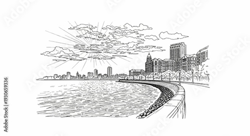 Sketch of a city skyline by the sea with sun rays beaming from behind clouds