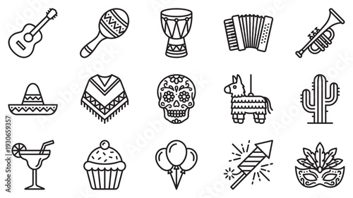 Mexican celebration party festival icons collection featuring traditional instruments, festive decorations, and cultural symbols in a clean outline style.