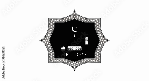 Decorative star frame featuring Islamic mosque, crescent moon, and Eid Mubarak text