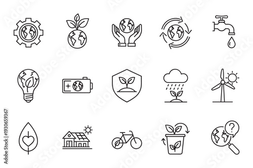 Environmental icons representing various aspects of ecology, sustainability, and global conservation efforts for a greener future.