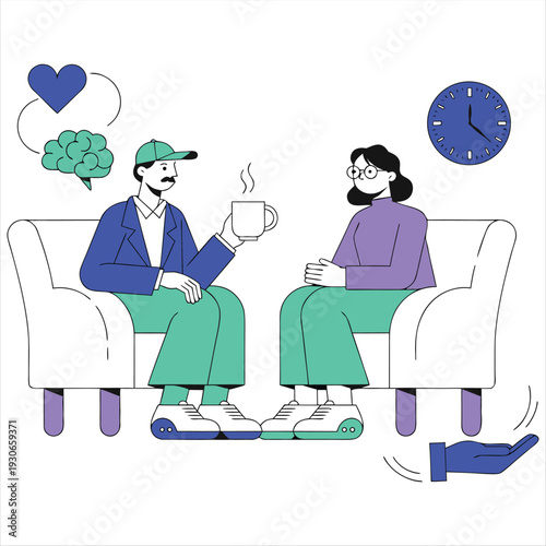 Modern flat vector illustration of therapy session with two people talking over coffee.