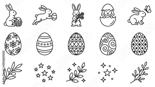 Cute Easter bunnies and decorated eggs collection of outline icons for spring holiday designs and celebrations.