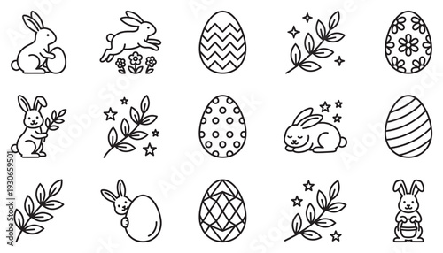 Easter bunnies and eggs, along with decorative branches, form a charming collection of outline icons perfect for holiday designs.